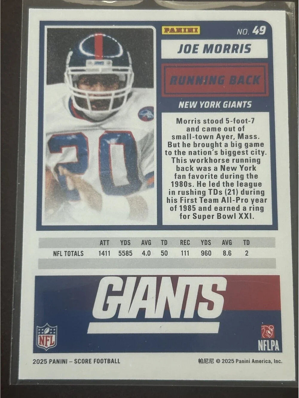 2025 NEW YORK GIANTS RB JOE MORRIS PANINI SCORE ORANGE WAVE #”d 092/799 NM